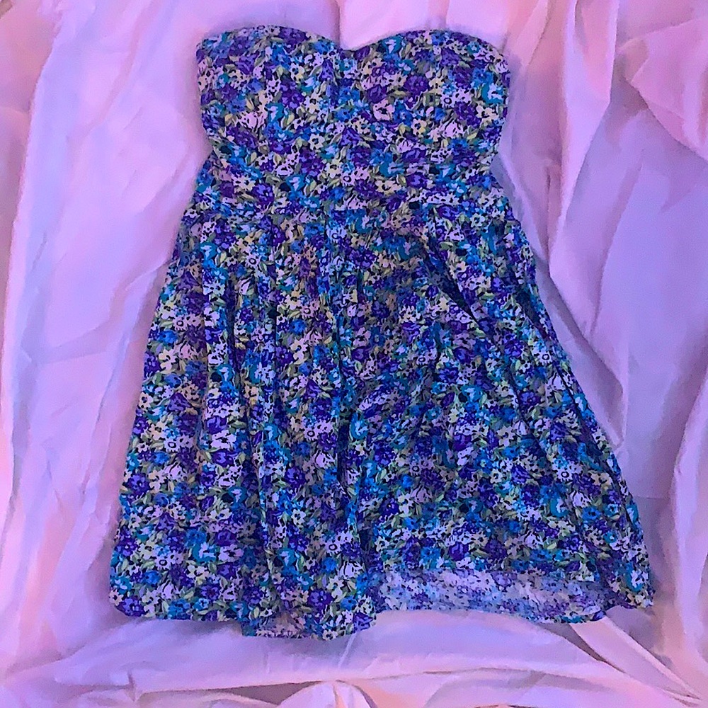 Blue Floral Padded Strapless Dress